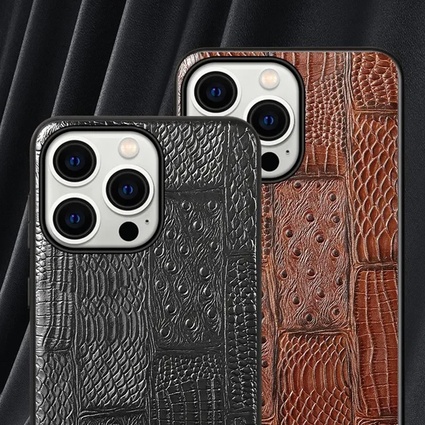 Genuine Cowhide Leather Business Splicing Color Shockproof Armor Phone Case For iPhone