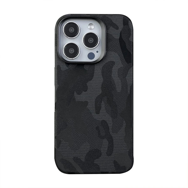 Camouflage MagSafe Leather Alloy Lens Armor Phone Case For iPhone