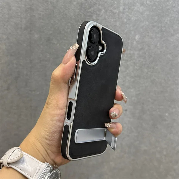 Luxury Plating Metal Bracket Leather Phone Case for iPhone