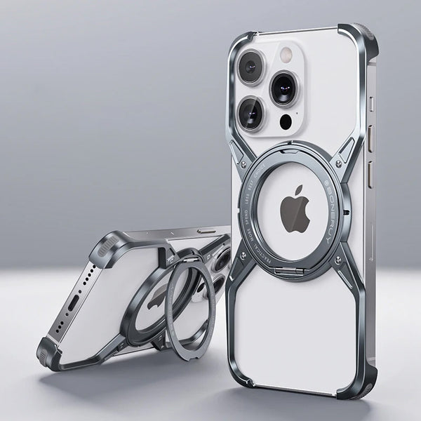 Metal Aluminum Magnetic MagSafe Shockproof Rotation Stand Rimless Phone Case For iPhone