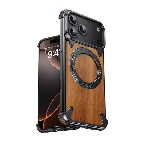 Oatsbasf 360° Rotating Ring Stand Magnetic Walnut Wood Phone Case For iPhone