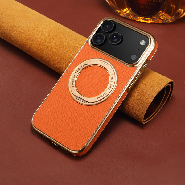 Retro Cowhide Leather Electroplated Magnetic Attraction Bracket Ring Phone Case For iPhone