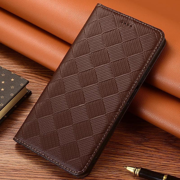 Business Luxury Genuine Cowhide Leather Diamond Woven Pattern Phone Case For iPhone