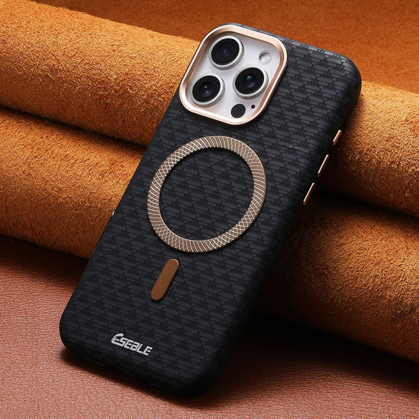 Business Leather Mountain pattern alloy lens protector Shockproof Magsafe Phone Case For iPhone