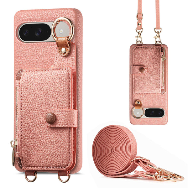 Lychee Pattern Leather Crossbody Lanyard Wallet With Mirror Phone Case For Google Pixel
