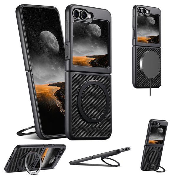 Carbon Fiber Rotating Bracket Wireless Charging Leather Phone Case For Sumsang Z Flip
