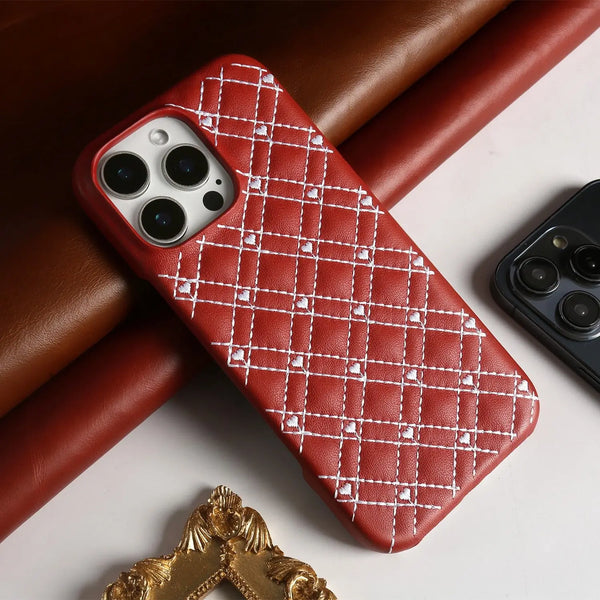 Grid Heart Embroidered Genuine Leather Christmas Phone Case For iphone