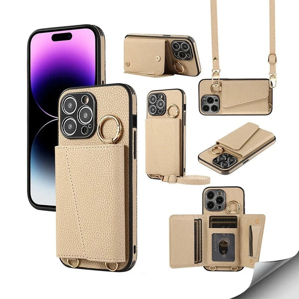 Luxury Leather Card Holder Bracket Ring Ling Rope Satchel Slot Case For iPhone