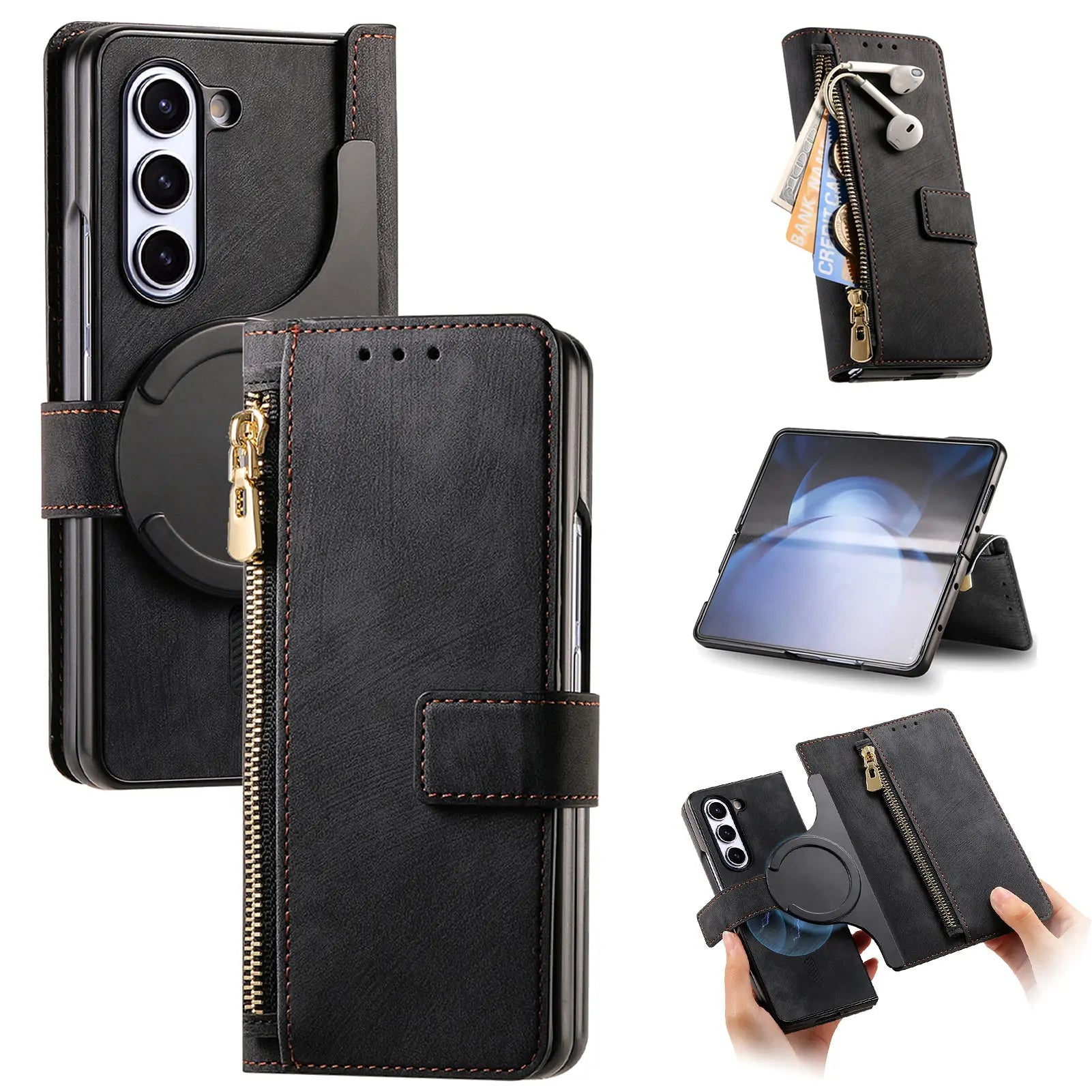 2 in 1 Magnetic Zipper Cards Wallet Leather Wireless Charging Bag Purse Phone Case For Samsung Galaxy Z Fold