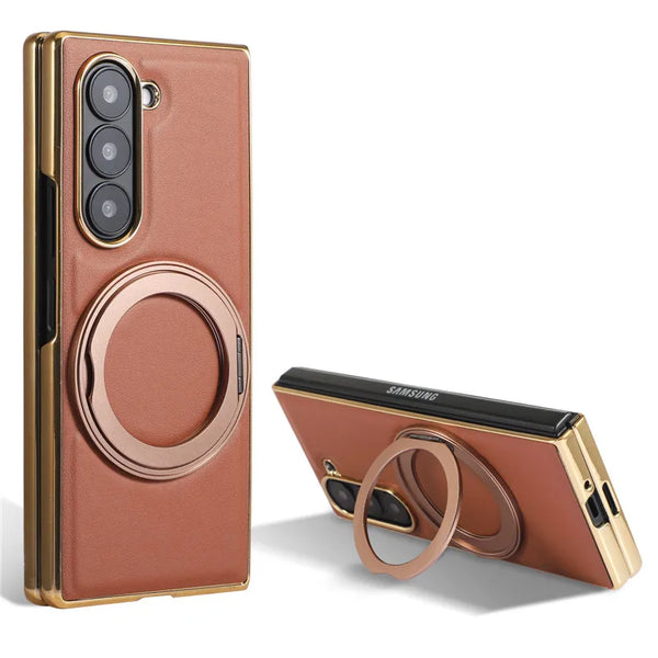 Premium Leather High-end Magnetic Metal Bracelet Kickstand Phone Case For Samsung Galaxy Z Fold