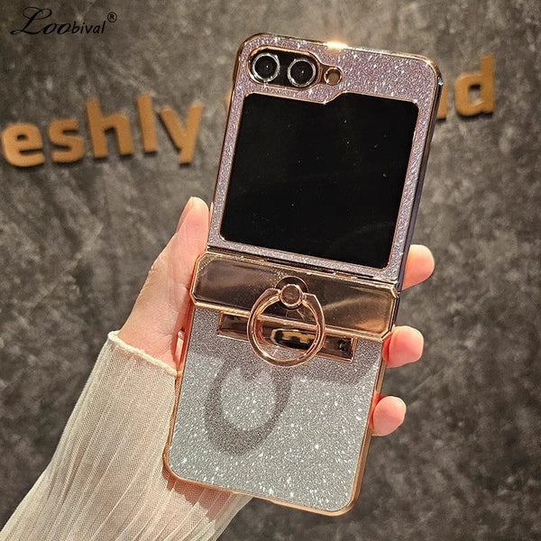 Glitter Diamond Gradient Hard Plating Ring Holder Stand Phone Case For Samsung Galaxy Z Flip