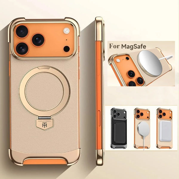 Ultra-thin Frameless Leather Plating Bracket Magsafe Phone Case For iPhone