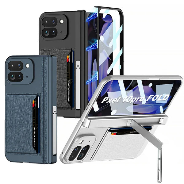 Card Slot Magnetic Hinge Folding Bracket Holder Glass Phone Case for Google Pixel Pro Fold