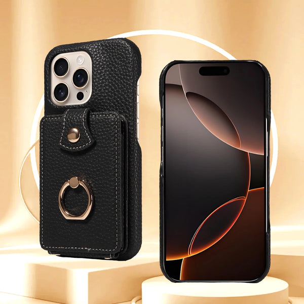 Leather With Ring Card Slots Anti-Fall RFID Phone Case For iPhone