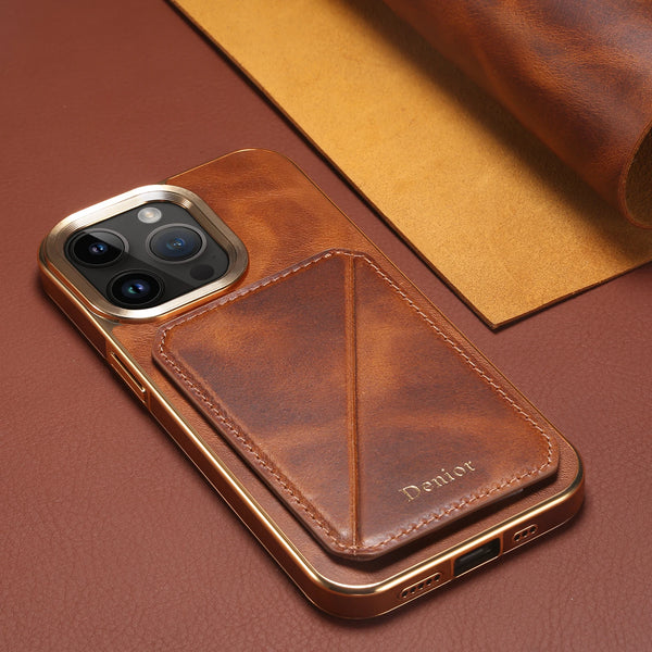 Luxury Cowhide Leather Electroplated Card Wallet Phone Case For iphone