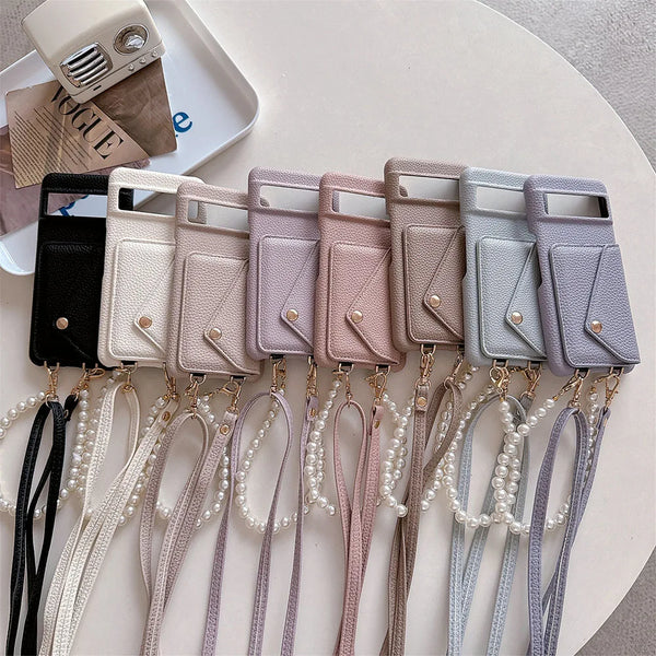 Pearl Bracelet Crossbody lanyard Leather Wallet Phone Case For Google Pixel