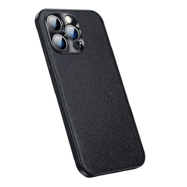 Litchi Pattern Genuine Leather Shockproof Cover with Metal Lens Protection Phone Case For iPhone