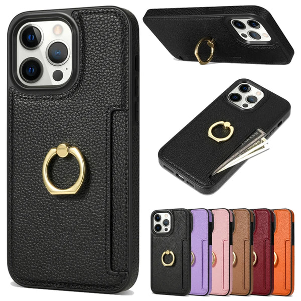 Solid Color Anti Drop Leather Cover Wallet Ring Phone Case For iPhone