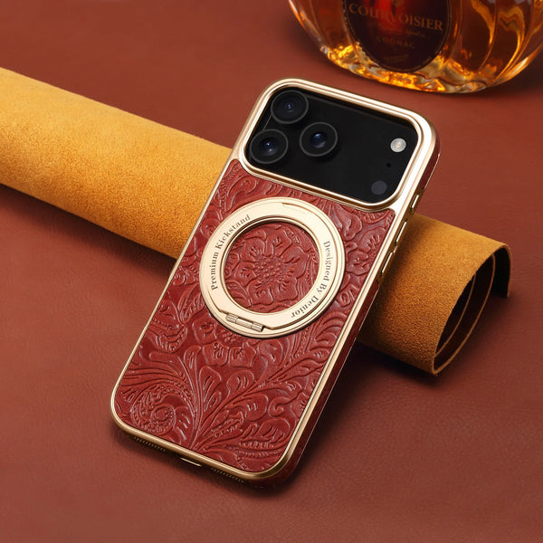 Magnetic Retro Cowhide Leather Electroplated Relief Design Flower Bracket Ring Phone Case For iPhone