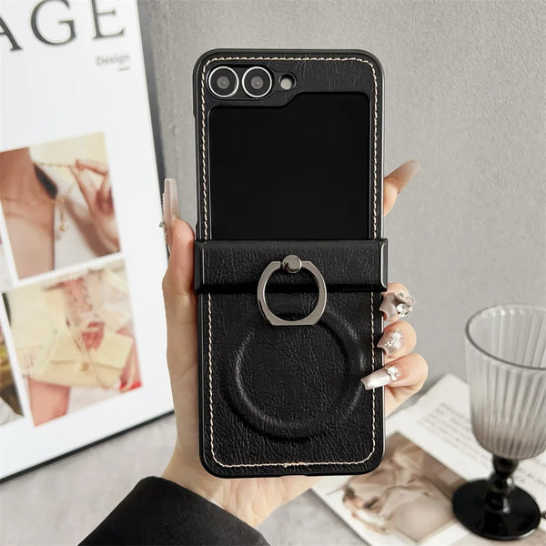 Luxury Leather Lychee Pattern Magsafe  Ring Holder Phone Case For Samsung Galaxy Z Flip