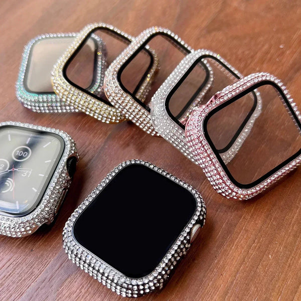 Rhinestone Decor Tempered Glass Screen Protector Watch Case For Apple Watch