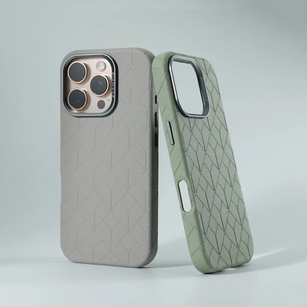 Geometric Lattices Relief Leather MagSafe Alloy Lens Phone Case For iPhone