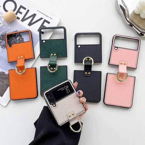 Retro PU Leather Hard PC With Ring Holder Shockproof Phone Case For Samsung Galaxy Z Flip