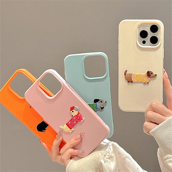 Cute Cartoon Embroidered Puppy Hard Leather Phone Case For iPhone