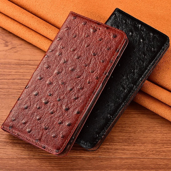 Business Ostrich Pattern Genuine Leather Wallet Flip Phone Case For iPhone