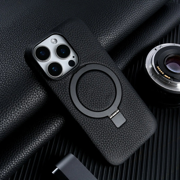Genuine Leather Magnetic Magsafe Ring Stand Phone Case For iPhone