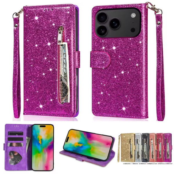 Glitter PU Leather Holder Stand Wallet Phone Case For iPhone
