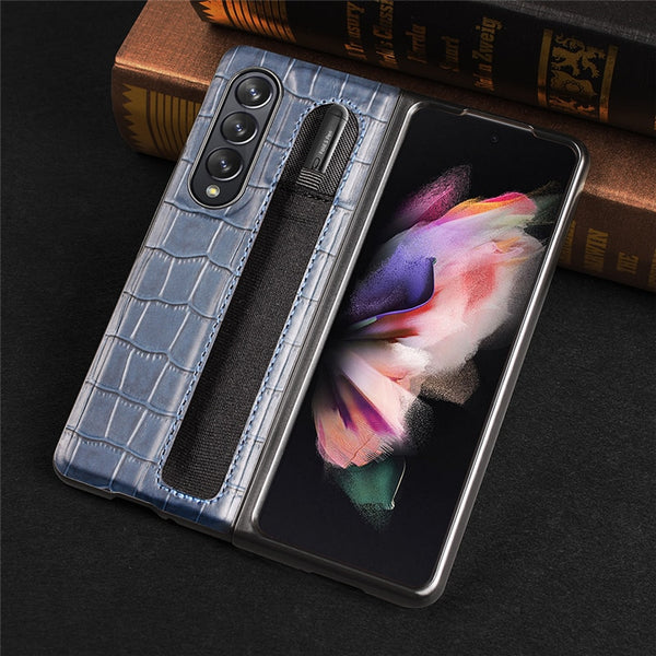 Crocodile texture Leather Phone Case With  S Pen Holder For Samsung Galaxy Z Fold 3