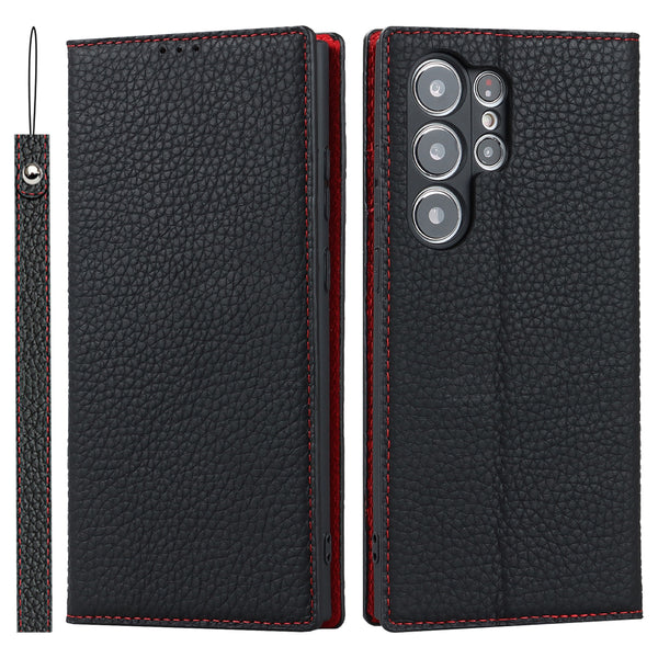 Genuine Leather Wallet Holder Magnetic Closure Shockproof Phone Case For Samsung