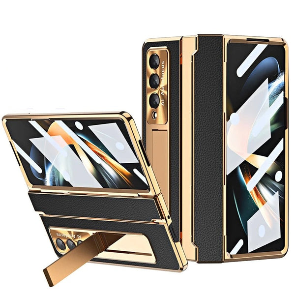 Plating Stand  Hinge Protector Phone Case with Front Glass for Samsung Galaxy Z Fold