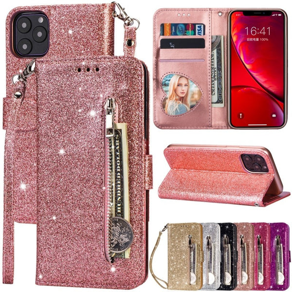 Glitter PU Leather Holder Stand Wallet Phone Case For iPhone