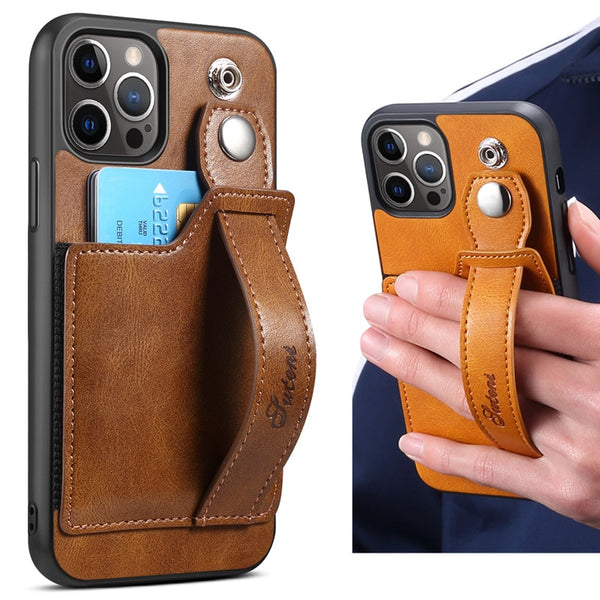 Leather Wallet with Wrist Strap Phone Case for iPhone